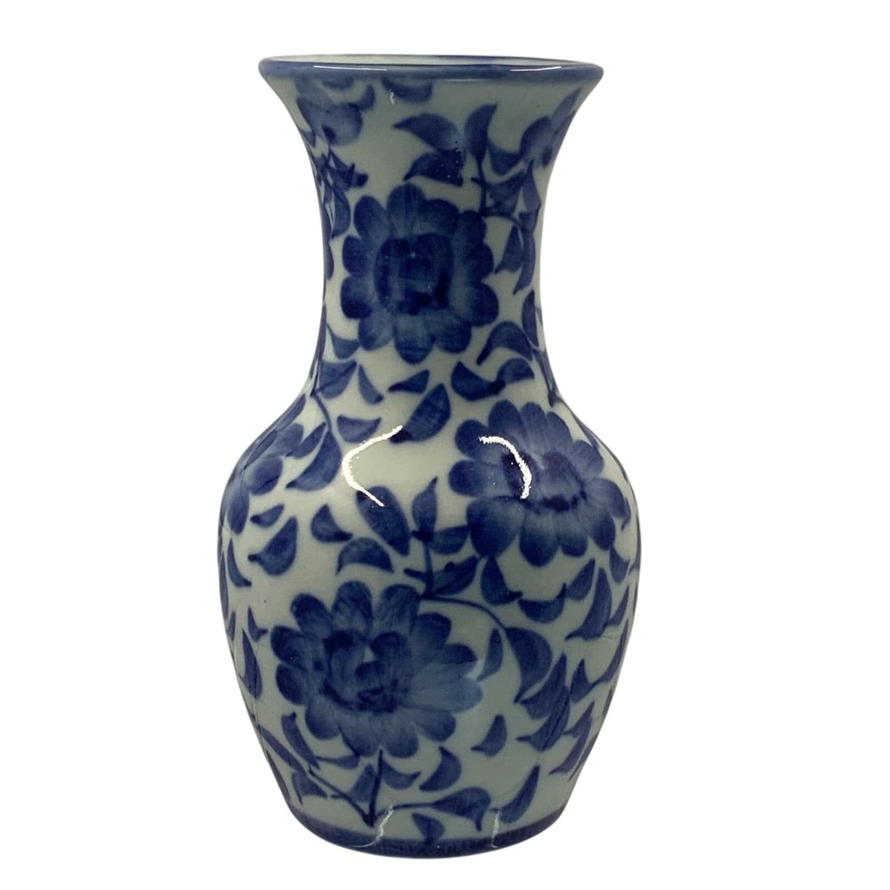 Vintage‎ Unbranded Blue and White Floral Bud Vase Ceramic Blue 6in Tall